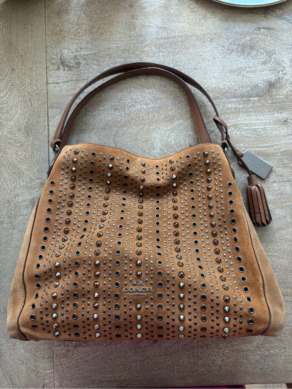 Coach Brown Suede Studded Shoulder Bag with Tassel